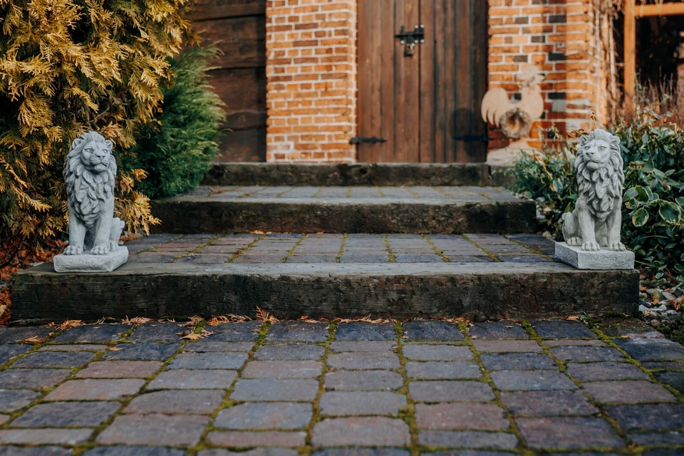 Löwe 2er-Set Steinfigur H.34 cm 25 x 14 cm Grau 22 kg Weißbeton frostsicher - Bild 4 von 4