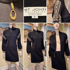 Vtg ST JOHN Small Black Metallic Gold Stretch Wool-Knit Zip Blazer Sweater USA