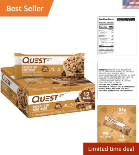 Keto-Friendly Chocolate Chip Cookie Dough Protein Bars - 12 Pack, 200 Calories