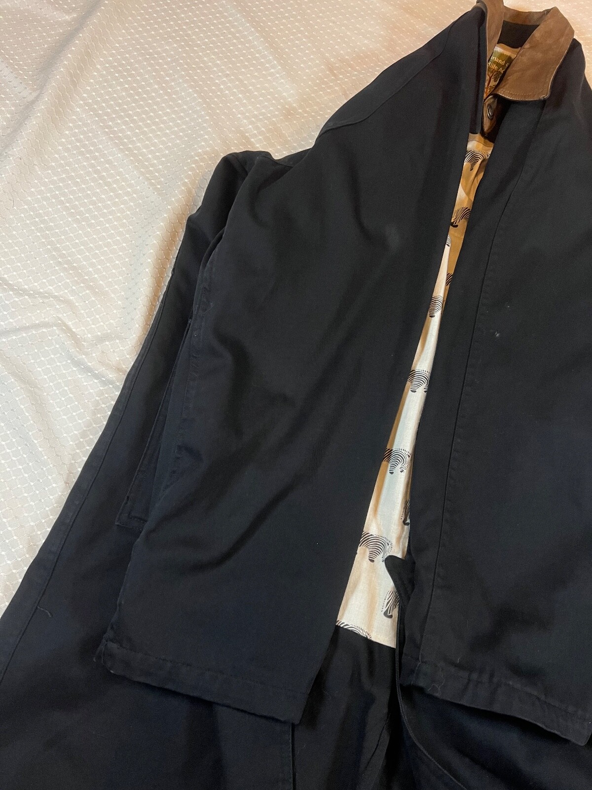 Mens S Vintage Overland Outfitters Long Trench Coat Black Leather Trims Button image 5