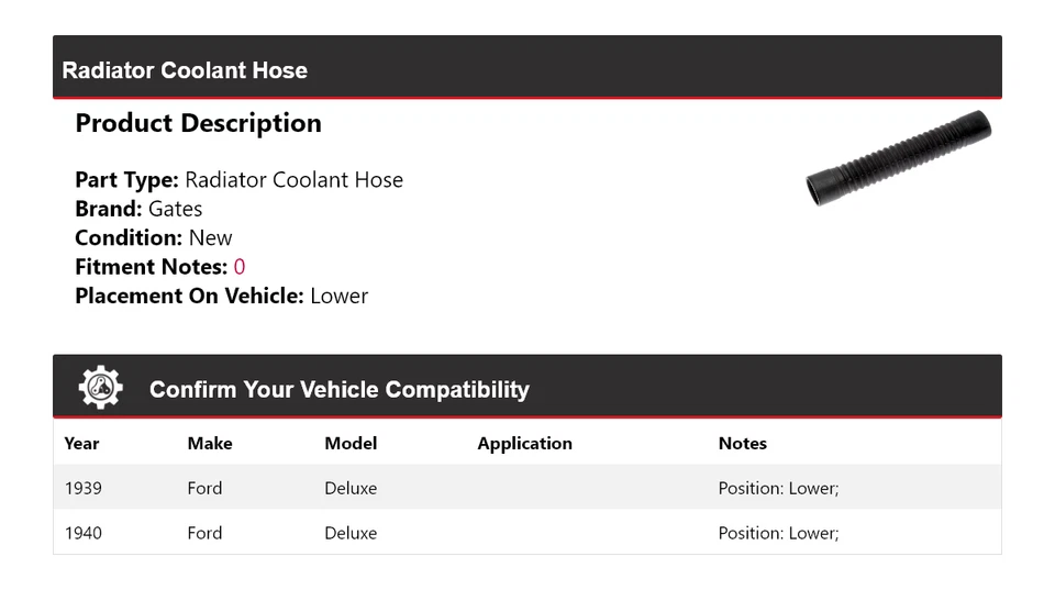 Manguera de refrigerante de radiador puertas inferiores para Ford Deluxe 1939-1940 Foto 2 de 4