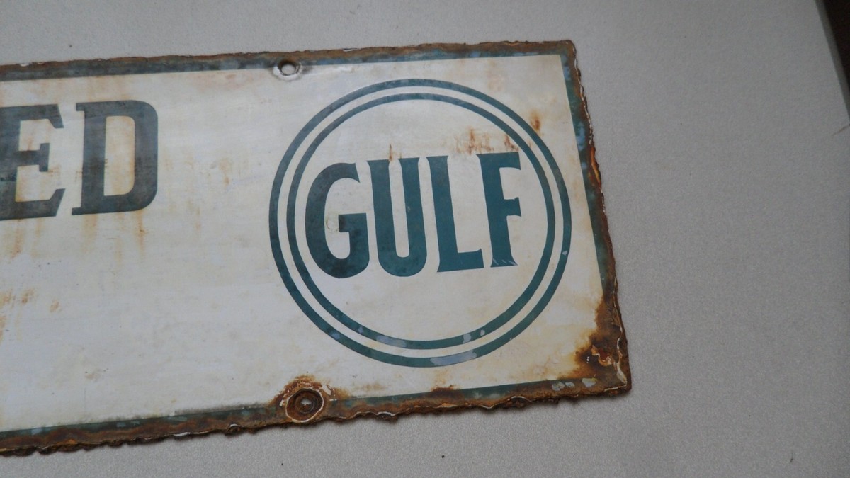 Gulf vintage sign ガレージ、店舗に！USAヴィンテージサイン Large Gulf Dealer Sign: Vintage 1940's Round Porcelain
