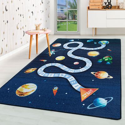 Kurzflor Kinderteppich Kinderzimmer Teppich Spiel Weltall Planet Rakete Blau