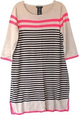 Design History NWT Women's L XL XXL Tan Striped Sweater Dress Tunic 3/4 Sleeves