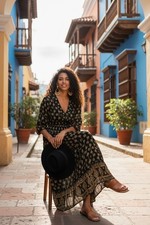 ME 2 Magic Anthropologie Black Gold Metallic Print Maxi Dress Bell Sleeve Boho L