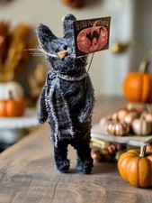 Primitive Handcrafted USA Halloween 7.5 Standing Black Cat w/Sign