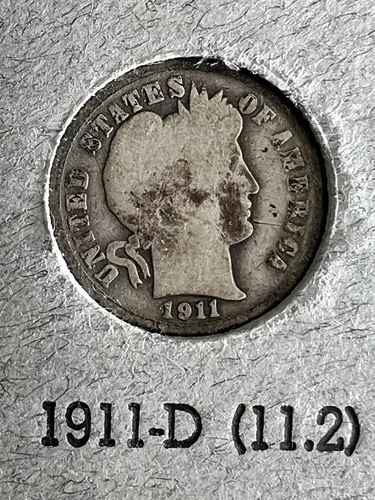 1911-D Barber Liberty Head Dime 90% Silver Denver Mint US Coin Auction NR