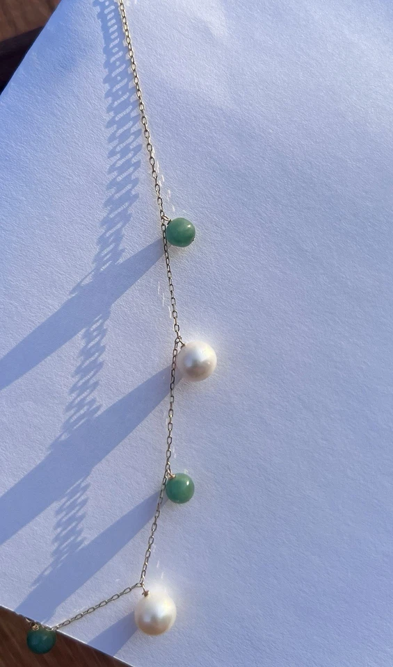 Auténtico collar de perlas cultivadas de 8,5 mm y jade verde de oro de 14K ~ delicado Tincup 18"" Foto 3 de 4