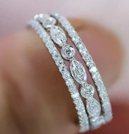 Art Deco Style Round Cut Lab Created Diamond Wedding Band 14K White Gold FN Ring - Image 4 of 4