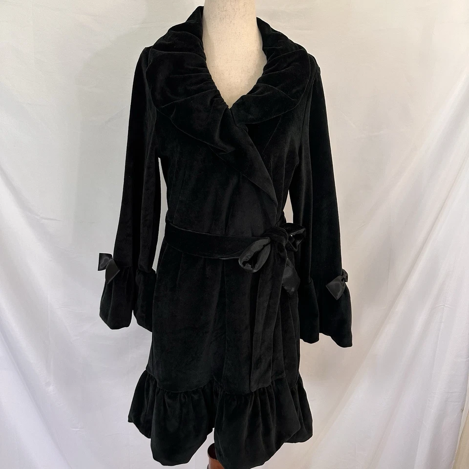 BETSEY JOHNSON Bata Terciopelo Negro PEQUEÑOS Bolsillos Cinta Lazos Encaje Volantes Foto 3 de 4