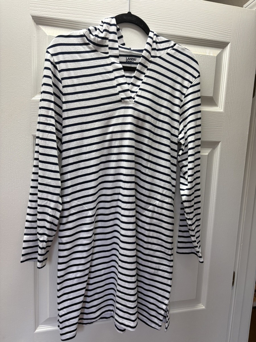 Women's Cotton Jersey Long Sleeve Hooded Swim Cover-up Dress - Lands' End - White