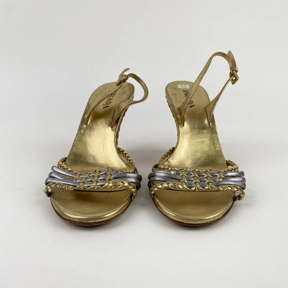 Vintage Prada Metallic Gold & Silver Woven Wedge Slingback Sandals Size 40 - Image 4 of 4