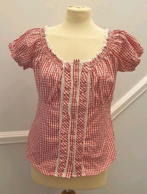 Colosseum Nancy Oktoberfest Blouse L Red Gingham Lace Bavarian Style Top