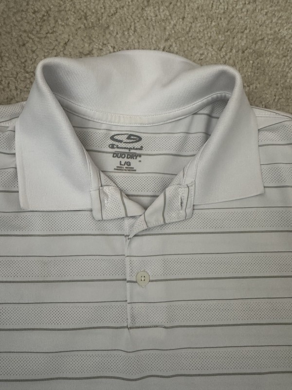 Champion Duo Dry Men’s Polo Shirt L White/Gray Striped Short Sleeve Button