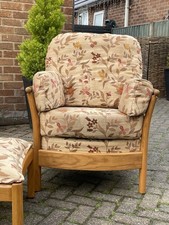 Ercol Floral Armchair Light Wood Orange Pattern with Matching Footstool