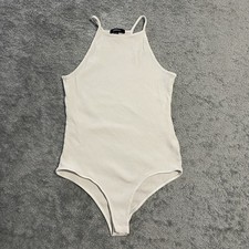 Ambiance White Ribbed Halter Thong Bodysuit Snap Closure Large L