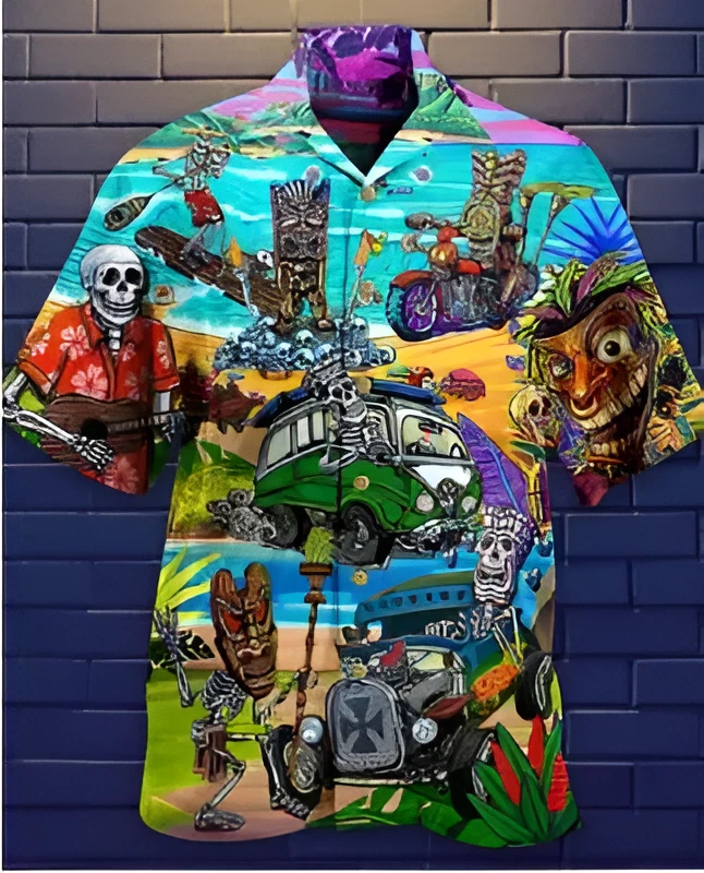 Mens Button Down Hawaiian Shirt Skull Tiki Car Print Casual Short Sleeve Top