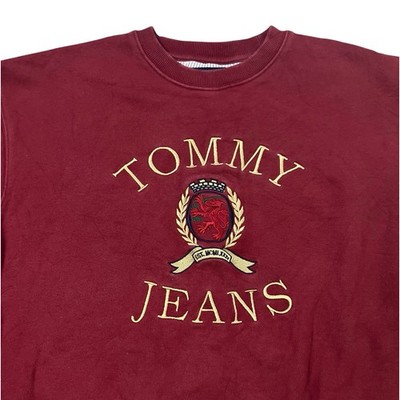 Tommy Jeans Sweatshirt Mens M Burgundy Embroidered Crest Logo Crewneck Pullover