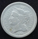 KAPPYSCOINS GH887 1865 VG CIVIL WAR  DATE  THREE CENT CN NICLEL