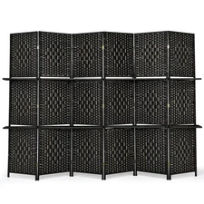 6-Panel Folding Room Divider Weave Fiber Screen 6 Ft Tall W/ 2 Display Shelves