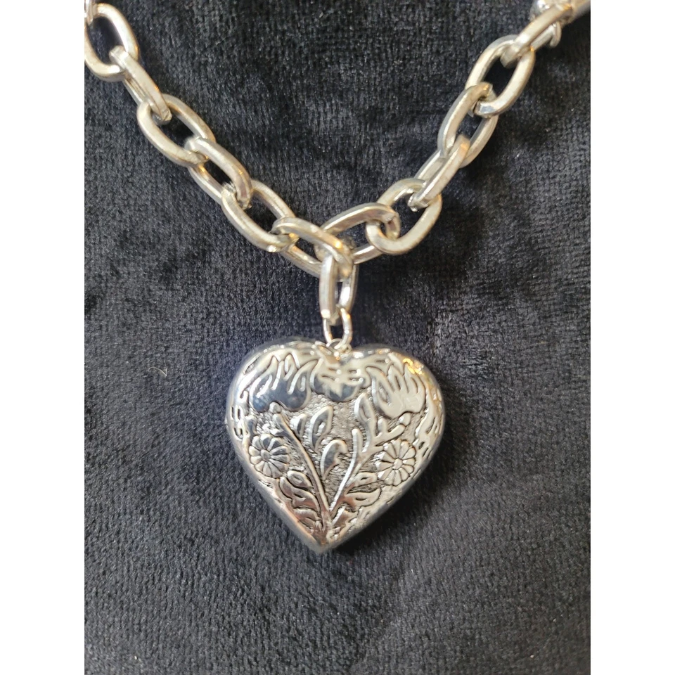 Women's Black Leather Braided Necklace with Silver Heart Locket Lobster Clasp - Image 3 of 4