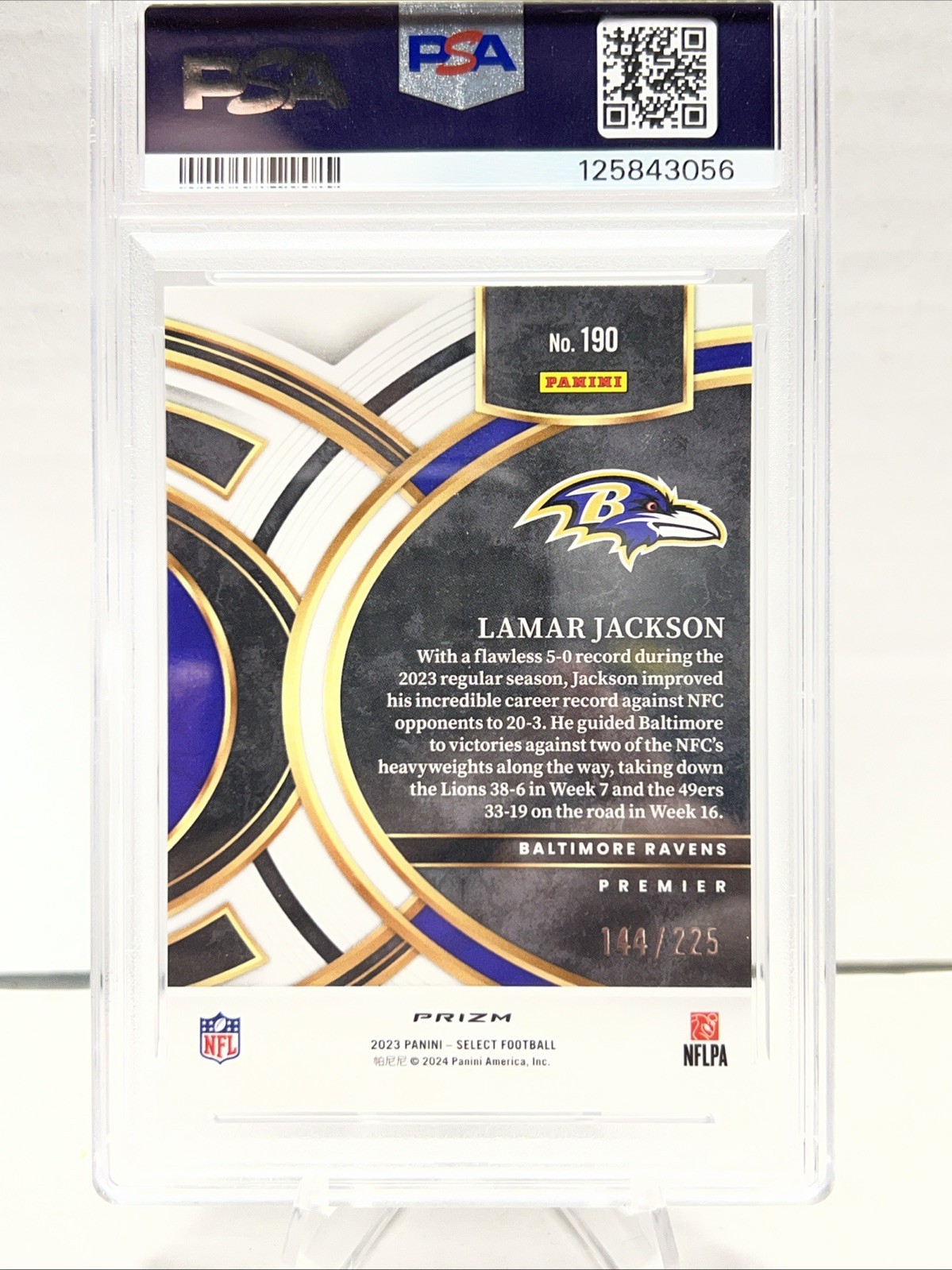 2023 Panini Select - Lamar Jackson #190 Tri-Color Prizm /225 PSA Gem Mint 10