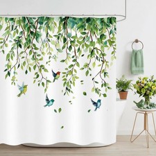 Green Leaves Birds Shower Curtain Spring Hanging Vine Plant Hummingbird Design