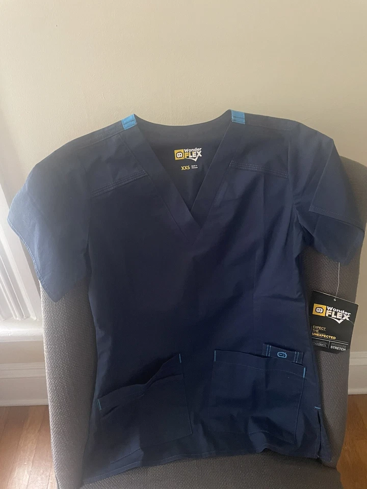Wonder Wink Women’s Medical Scrub Top Chest Pocket S/S Navy Blue Size XS NWT - Image 2 of 4