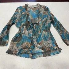 Notations Y2k Women's Petite L Geometric Pleated Blouse Button Up Collared 7