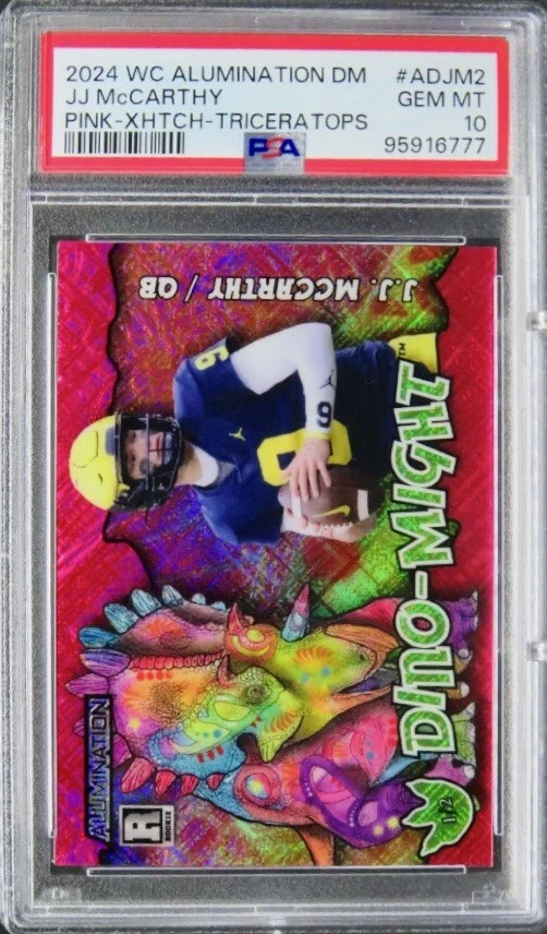 JJ McCarthy Wild Card Alumination Dino-Might Exclusive #ADJM2 Pink-Cross Hatch Foil-Triceratops