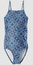New 150 Seafolly Girls' Blue Geo Stretch High-Neck One-Piece Swimwear Size 6