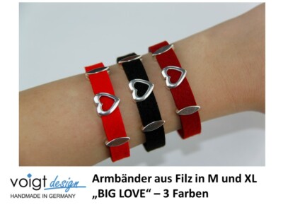 Armband BIG LOVE Filz Magnetverschluss Platin Herz Silber Geschenk Größe M / XL