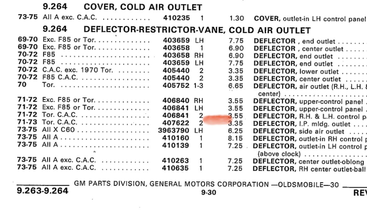 71 72 73 Oldsmobile toronado air conditioning vent nos for sale online