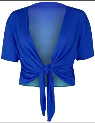 Royal Blue Short Sleeve Knot Tie Wrap Bolero Shrug Cardigan