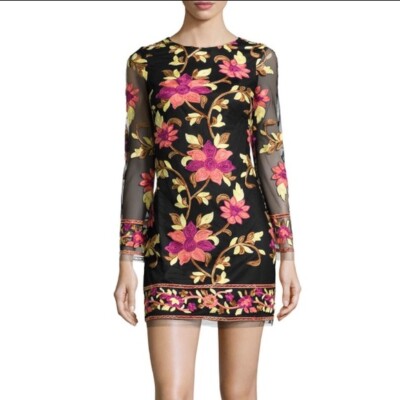 Alexia Admor Floral Embroidered Mesh Overlay Shift Dress Sz M $265 *526