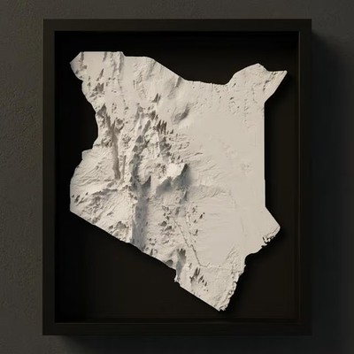 3D Kenya Map Wall Art: Topography in Black Wood Frame
