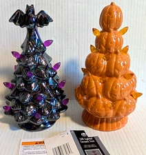 Halloween LED Lighted Ceramic Pumpkin & Bat Trees Retro Battery Op 9" - Set of 2