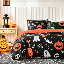 Halloween Queen Duvet Cover Set Microfiber Pumpkin Ghost Reversible Comforter