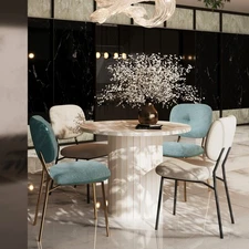 Modern 4-Person Dining Set White,Bamboo&MDF Table, Turquoise&Beige Fabric Chairs