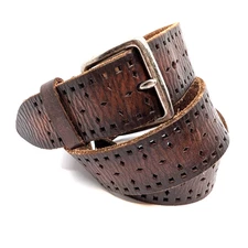 Brown Leather Belt Mens Size L Perforated Cowboy Ombre Silvertone Buckle Western