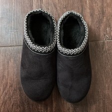 Black Suede Faux Fur Lined Women's Slip-On Slippers with Stitching Accent