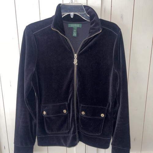 Ralph Lauren Jacket Women’s Sz S Track Velour Black Gold Zipper Preppy Y2K - Picture 2 of 11