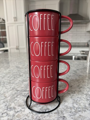 #ad Rae Dunn Stacking Coffee Mugs Set of 4 Red Cups $24.75