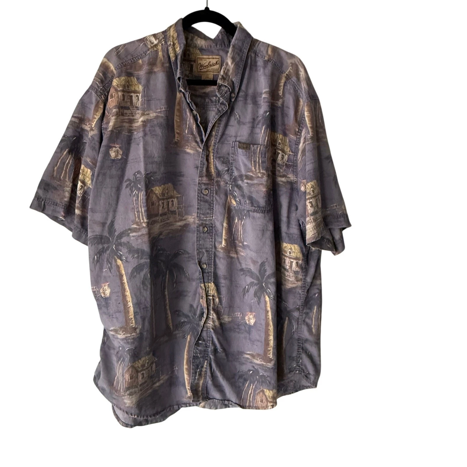 Woolrich Vintage 2XL Hawaiian Shirt Blue Palm Tree Print Cotton Button Front