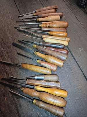 Antique 21 Piece Set Gouges Chisels Wood Carving Various Makers Sizes Shapes