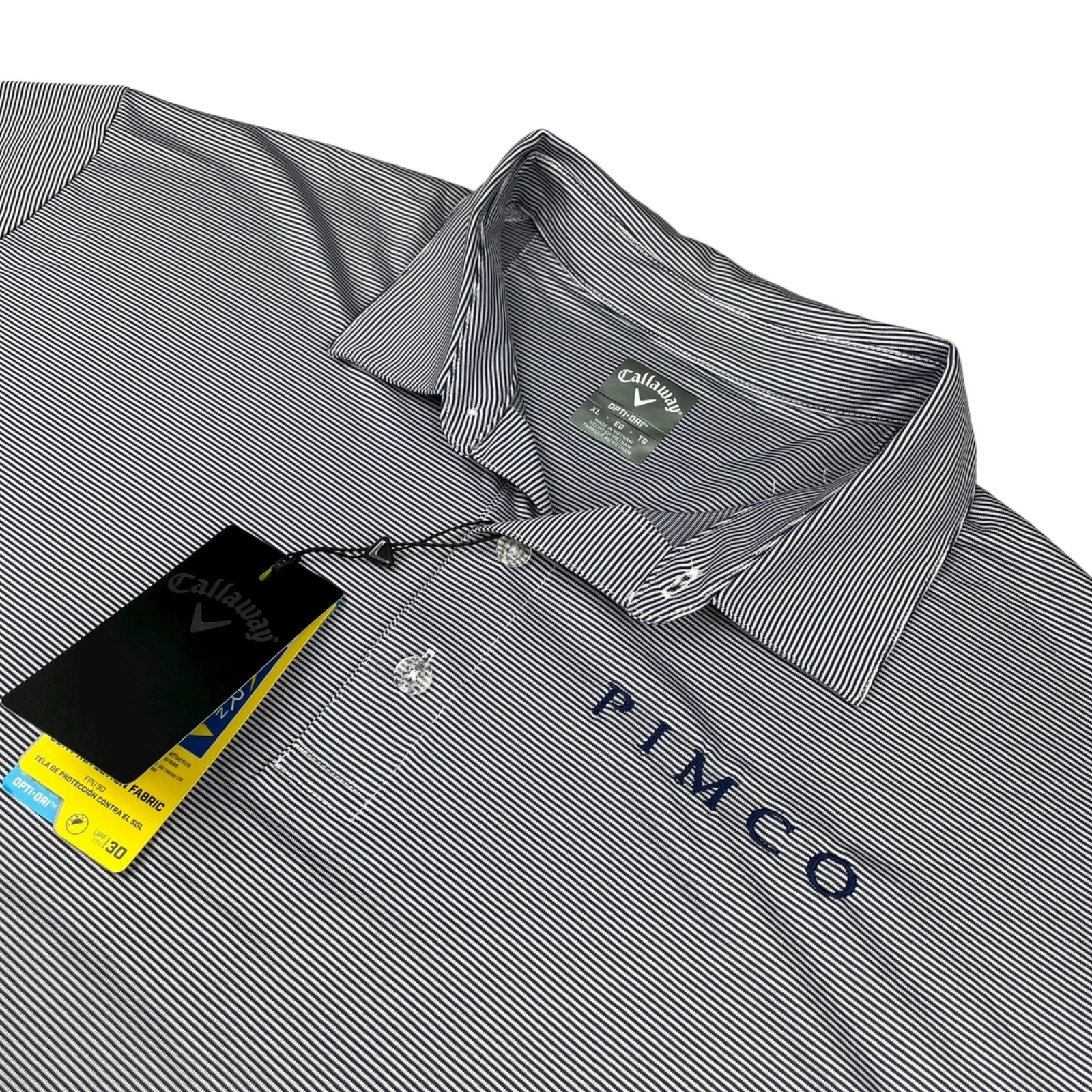 NEW Pimco Bonds x Callaway Men’s Opti-Dri S/S Performance Polo Navy Stripe • XL