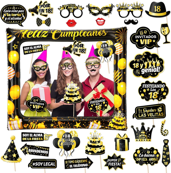 28Pcs 18. Geburtstag Party Photo Booth Requisiten, Schwarz-Gold 18. Geburtstag P-image