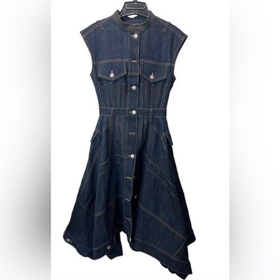 ALEXANDER MCQUEEN denim deconstructed patchwork corset midi dress