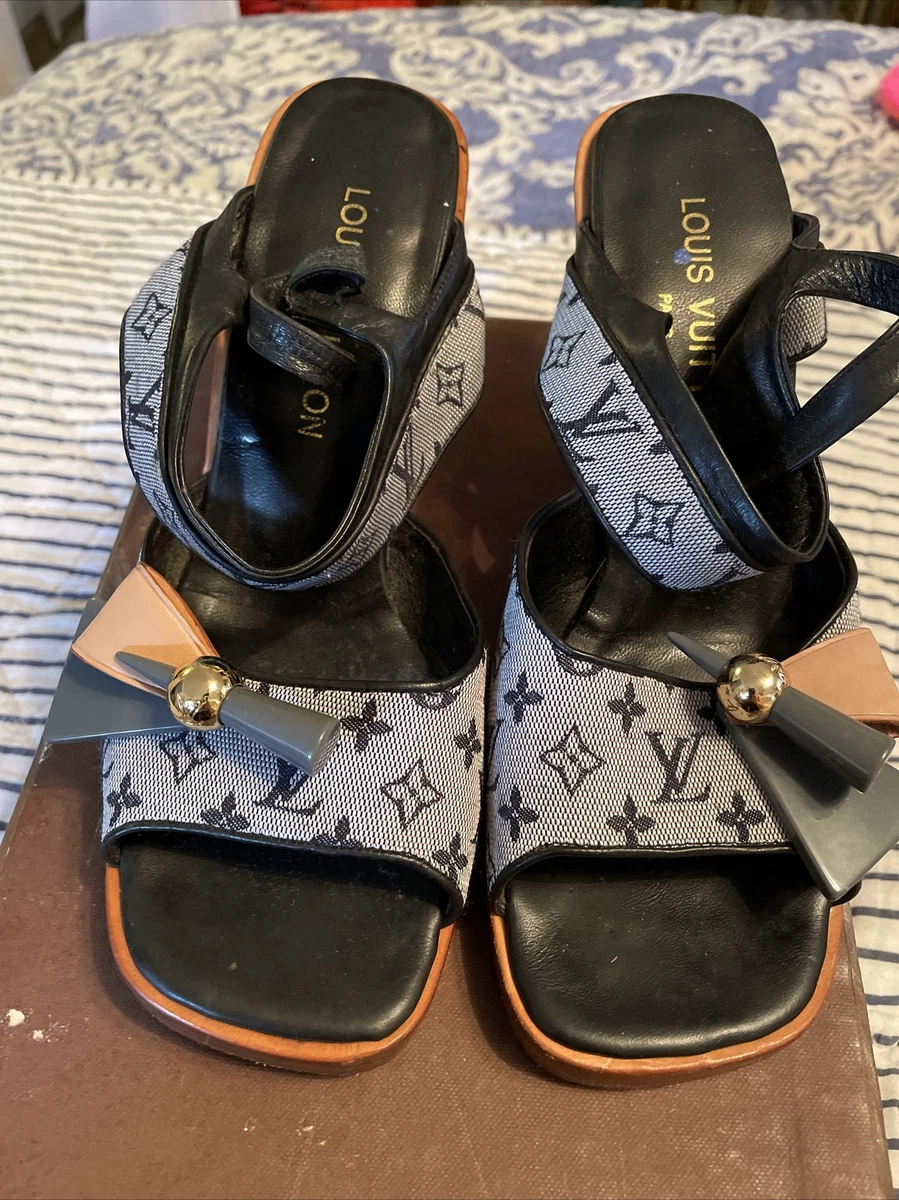 Louis Vuitton Blue/Brown Denim And Leather Wedge Slingback Sandals Size  38.5 at 1stDibs