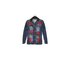 Lularoe Rodeo Western Cowgirlcore Jean Denim Jacket Embroidered Red Roses Xs